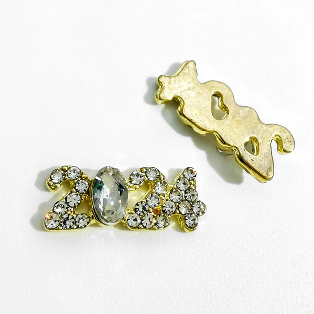 10Pcs/lot 2024 New Year 3D Alloy Nail ArtCharms 14.4*5.7mm Nail Parts Rhinestone Decorations Diamond DIY Manicure Jewelry