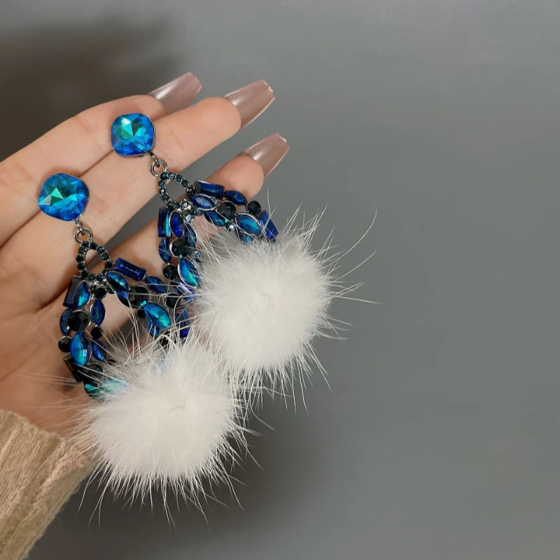 

Korean Fashion Dark Blue Artificial Rhinestone Earrings Temperament Luxury Water Drop Hair Ball Invisible Ladies Earrings Jewelr