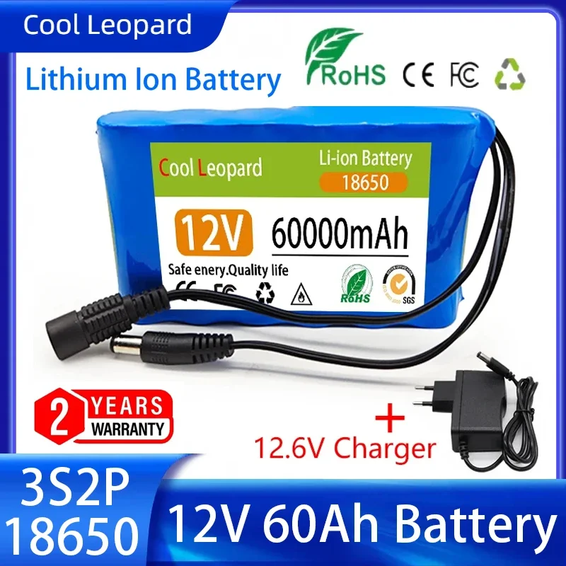 

New 18650 12V Lithium Ion Battery 60Ah 3S2P Rechargeable Battery Pack Portable for Electronic Types LED Lamp Light Backup Powe