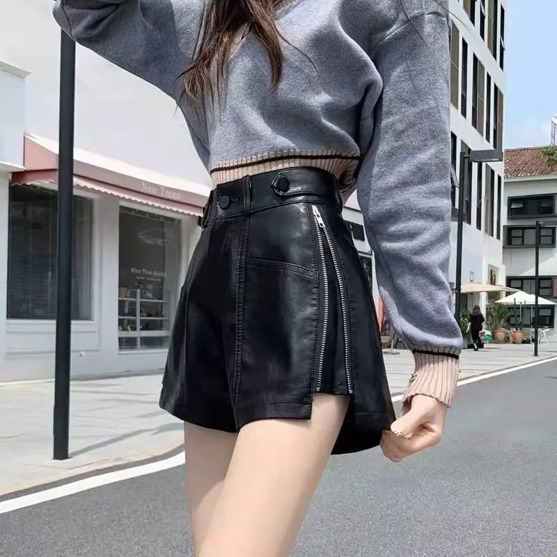 Spring Autumn New High Waist A-line Loose Leather Pants Solid Zipper PU Black Wide Leg Pants Street Casual Fashion Women Clothes