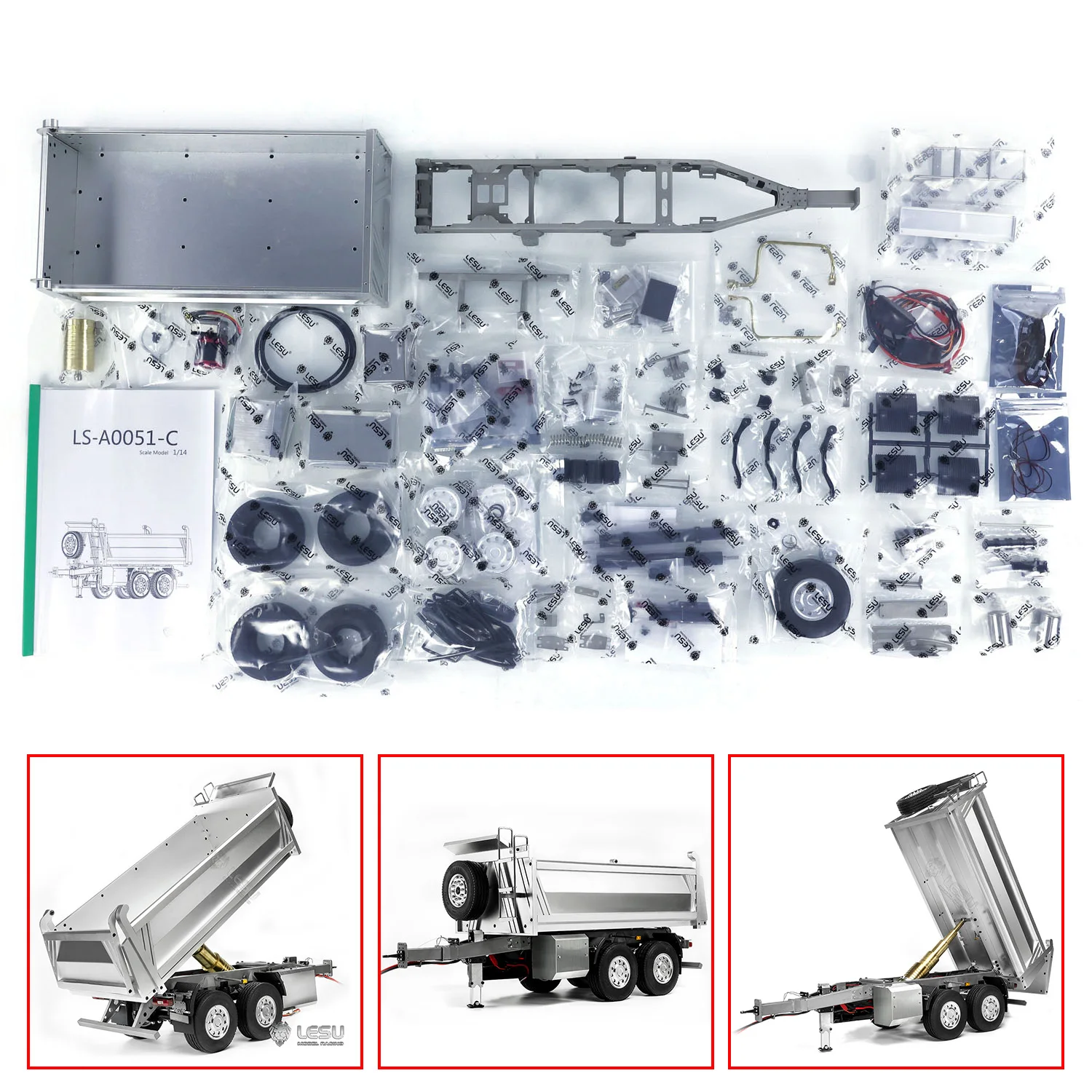 Lesu 1/14 Rc Full Trailer Metal 2 Assi Rimorchi Non Verniciati Parti Del Modello Per Autocarri Con Cassone Ribaltabile Idraulici Autoscaricanti Teleco