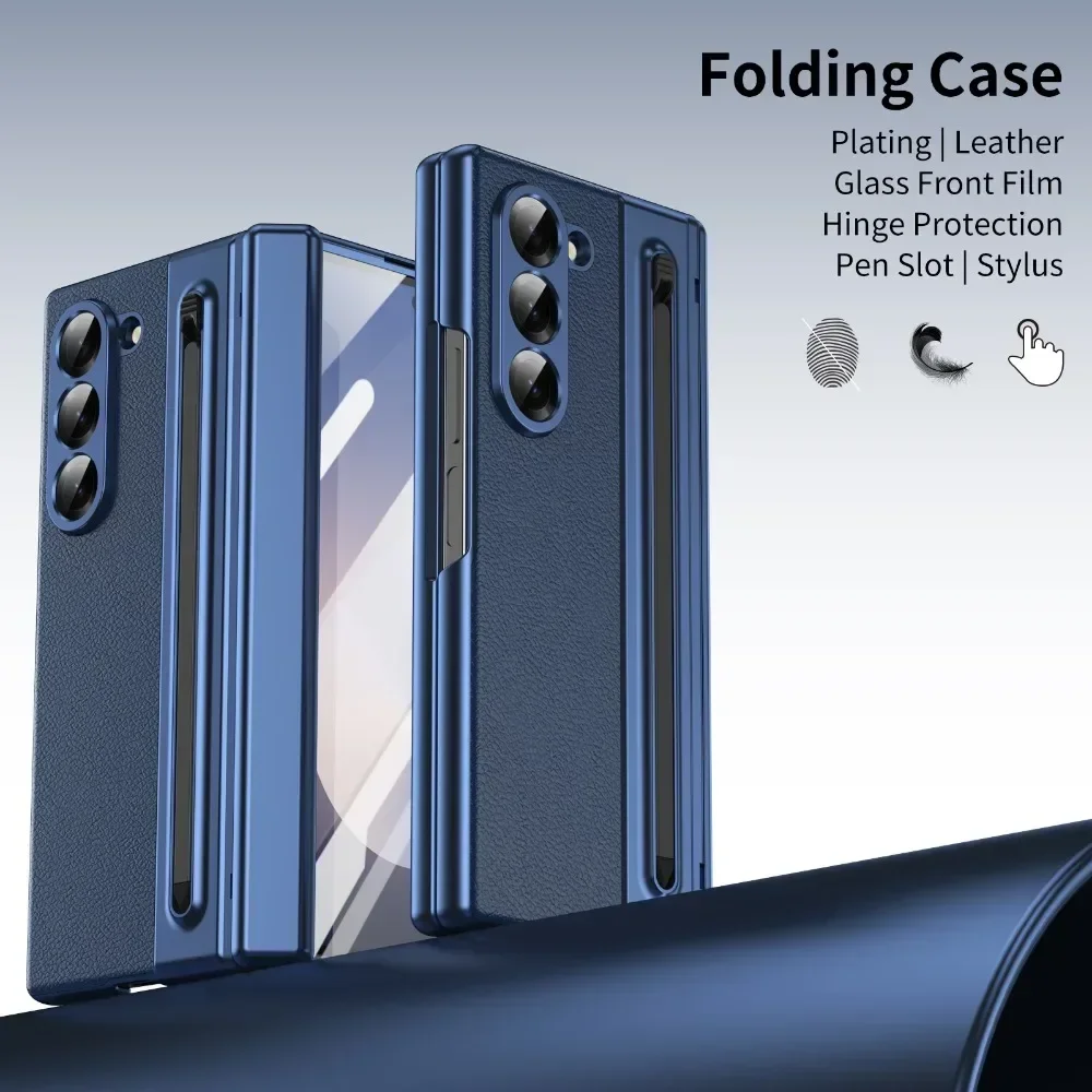 Leather & Steel Film Pen Slot Phone Case with Hinge Protection - Shockproof Cover