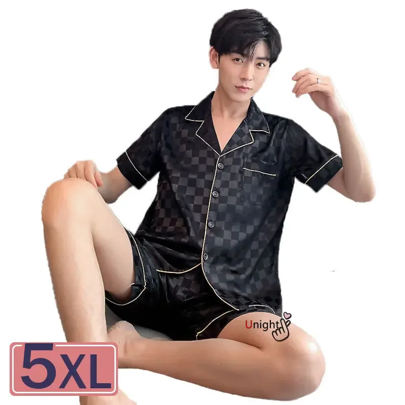 Summer Short Silk Pajama For Men 2pc Large 5XL Short Set 3xl Luxury Pijama Hombre Loungewear Homewear pajamas set silk pajamas man pajamas set