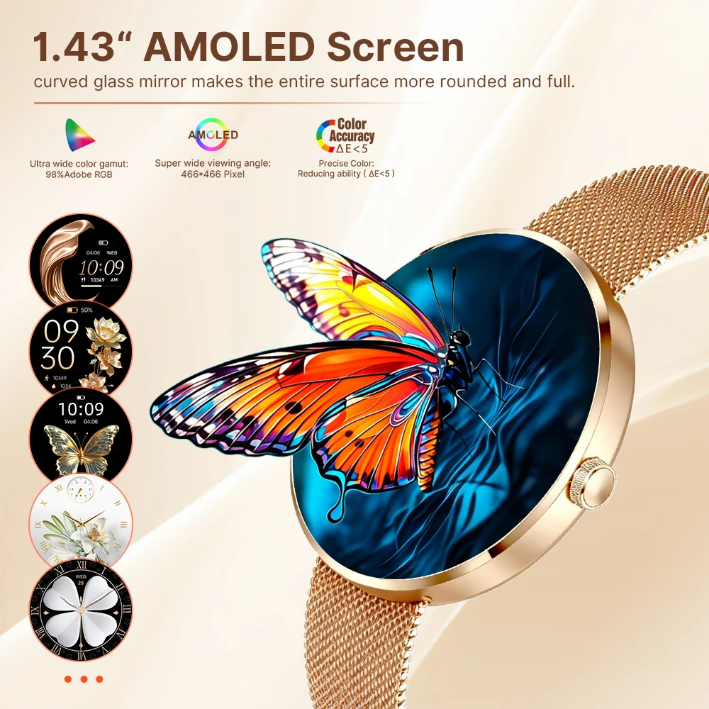 MEVADEN Smartwatch da Donna con Schermo AMOLED da 1,43 Pollici, Ultra-sottile 8,5mm in Acciaio Inossidabile, Orologio Intelligente di Lusso con Monitoraggio della Salute e Funzioni Sportive H33 - immagine 4