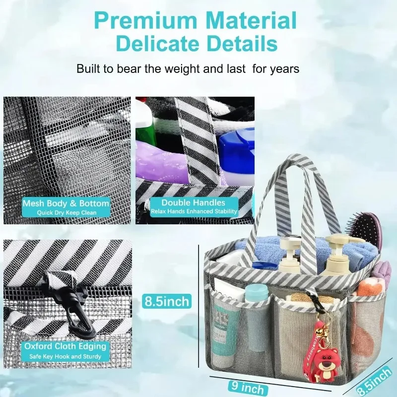 Mesh Shower Caddy Tote, Portable College Bathroom Tote, Quick Hold , 8 Basket Pockets with Key Hook and 2 Oxford Handles