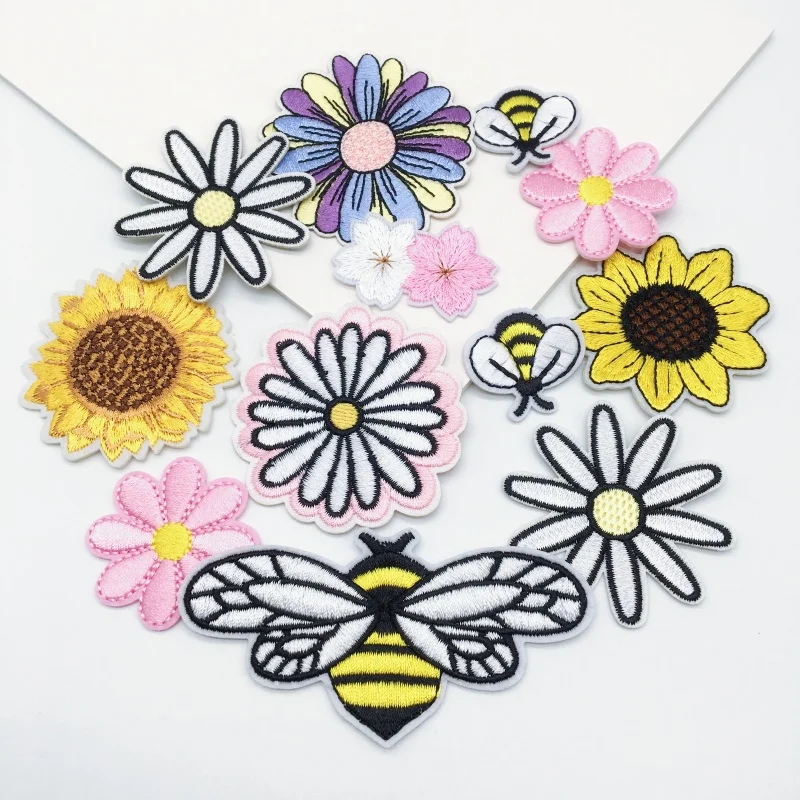 Embroidered Patch 12pcs Embroideried Iron On Patches Daisy Sunflower Bee Butterfly Animal Patch Applique Repair for Jeans Hats Bags Clothing