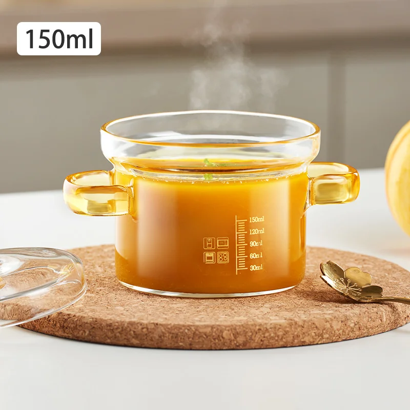 1pc 150/300/450ML Transparent Glass Stockpot Binaural Soup Pot Noodle Bowl  With Lid Household Stew Pot for Cooking Cookware Kitchen Accessories