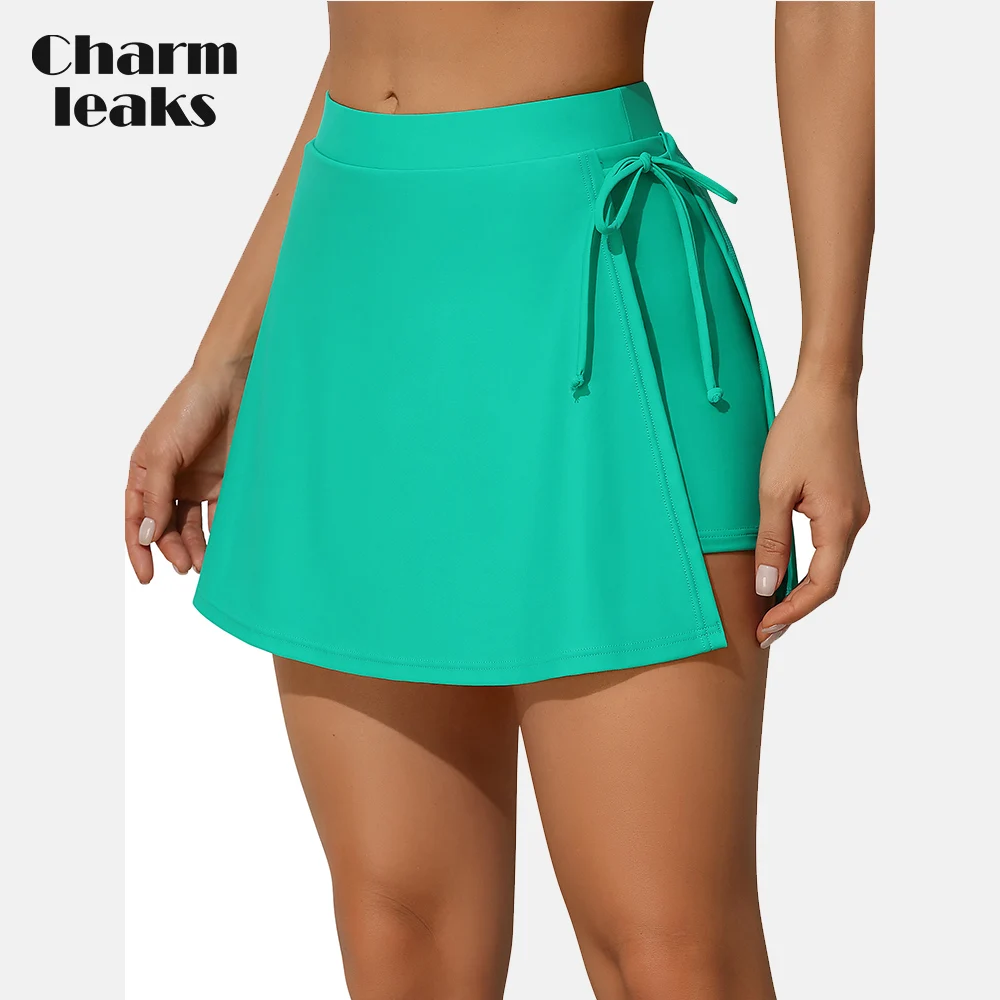 Charmleaks Women Swimming Skirts Solid with One Side Pockets Built In