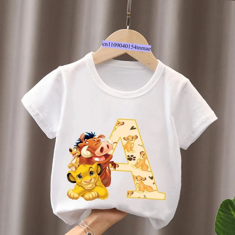 The Lion King Cute Simba Letter A B C Name Print Kids T-Shirts Girls Clothes Baby Boys Short Sleeve T Shirt Summer Children Tops 1