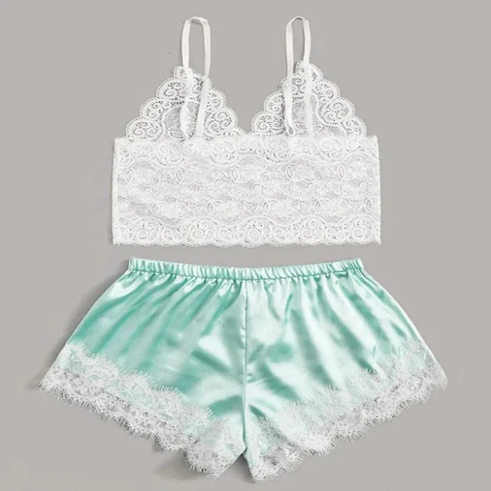 Sexy Lace Silk Sleepwear Two Piece Set of Suspender Shorts for Women Pajamas Set Lingerie Crop Tops Shorts Nightwear women pajamas set,women pajama suit,women silk underwear set