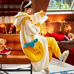 2022 Women Clothing Winter Thick Cartoon Pajamas Girl Long Bathrobe Home Wear Service Two-piece Suit Cute Bunny Ears Ninghtwear