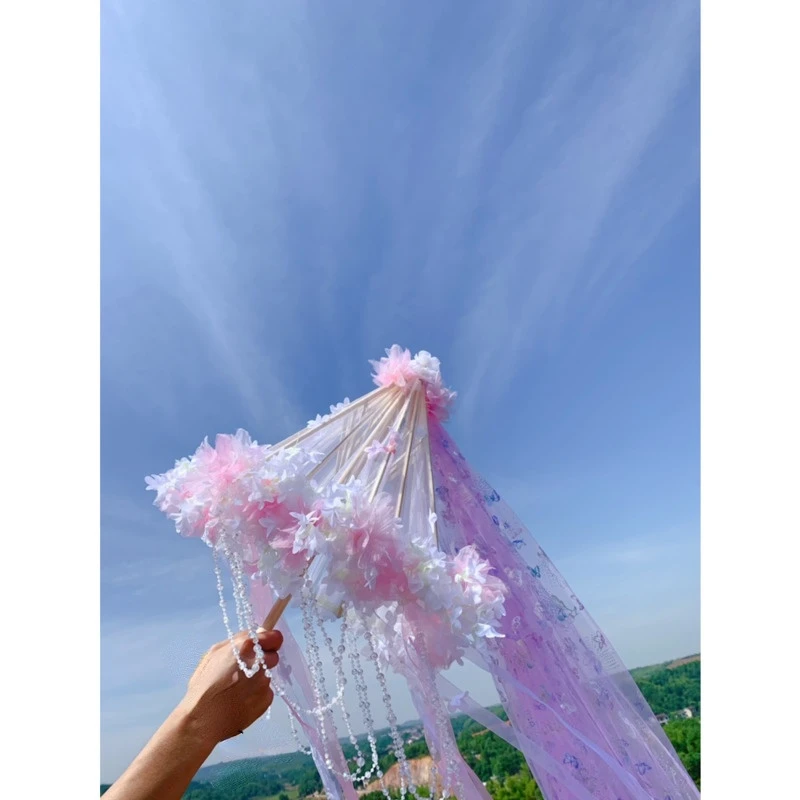 Red 85cm Flower Beach Shade Umbrella Fan Lolita Hanfu Accessories Super Fairy Ribbon Yarn Bead Catwalk Parasol Paraguas