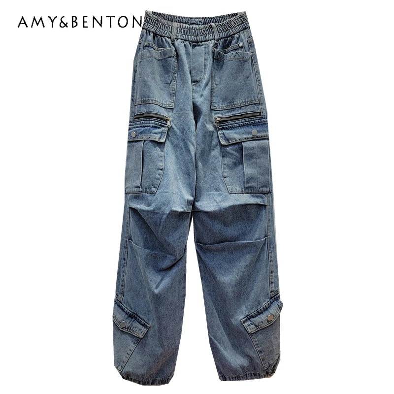 Cargo Pants Design Denim Ankle Banded Pants Women 2023 Autumn New Multi-Pocket High Waist Slim Harem Trousers Streetwear Female denim trousers elastic high waist casual jeans trendy double breasted multi button slim skinny jeans ankle length denim pants