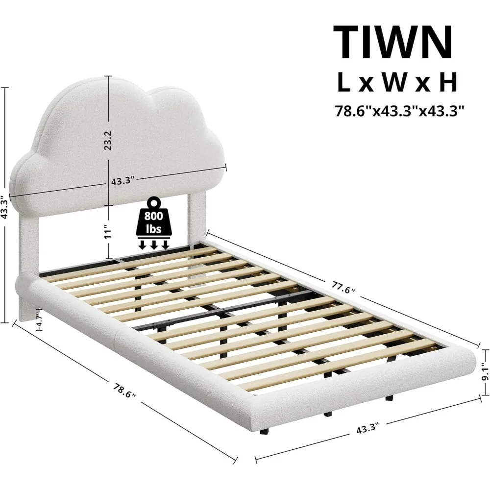 Twin Bed Frames with Cloud Headboard, Upholstered Boucle Floating Platform Bed with LED Lights, Solid Wooden Slats Support 2