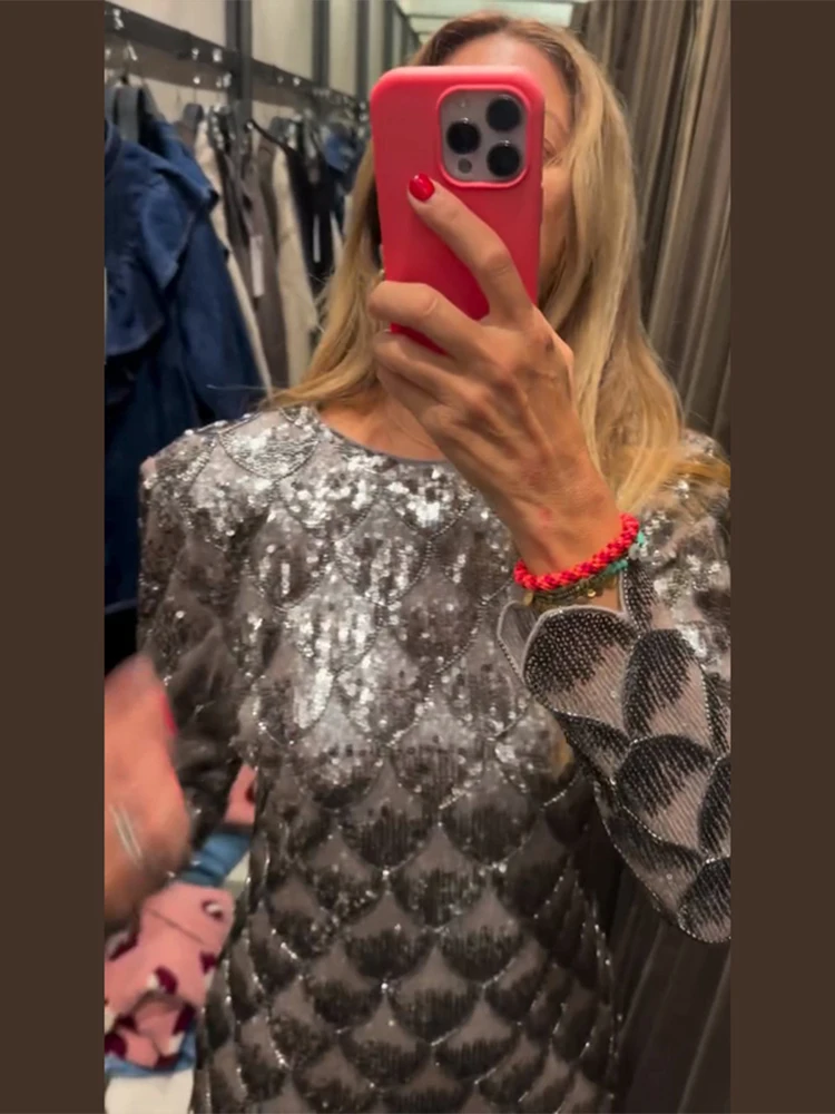 Fisch Skala Pailletten Mini Kleid Frauen Elegante Glänzende Oansatz Langarm Taille Cinching Side Split Party Abendkleider Neue Robe – Detail 15