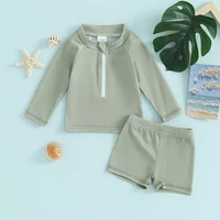 1-5years Kids Boys And Girls 2 Piece Swimwear Set Front Zipper Long Sleeve Swimsuit + Swim Shorts Infant Kids Bathing Suits 2