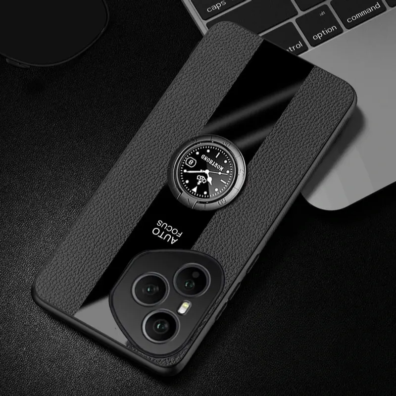 Premium PU Leather Magnetic Ring Holder Phone Case with Silicone Matte Bumper