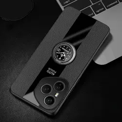 Premium PU Leather Magnetic Ring Holder Phone Case with Silicone Matte Bumper for HONOR 400 Pro (Black)