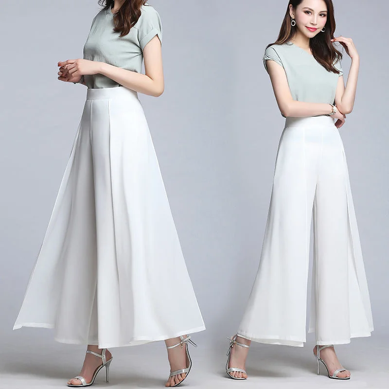 Chiffon Wide Leg Pants High Waist Casual Black Elegant