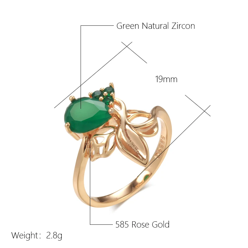 Kienl New 585 Rose Gold Flower Ring for Women Luxury Green Natural Zircon Bride Ring Vintage Wedding Jewelry Russian Accessories