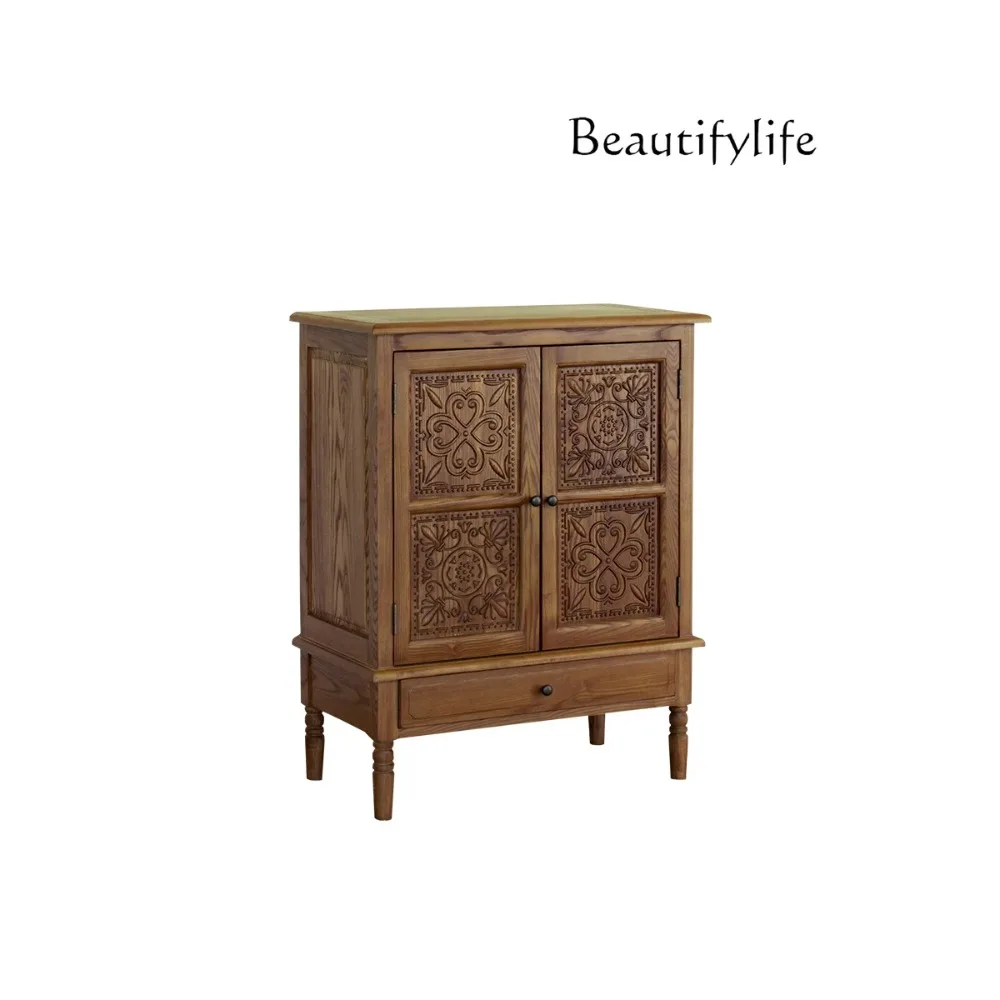 American Country Solid Wood Chest of Drawers Vintage Pastoral Style Carved Locker