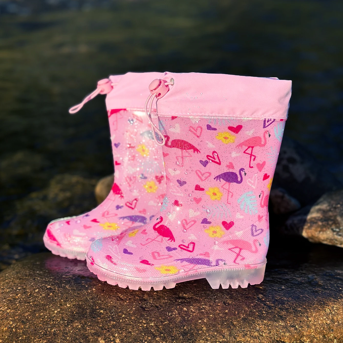 Kids' Outdoor Pink Flamingos Glitter Rain Boots with Drawstring
