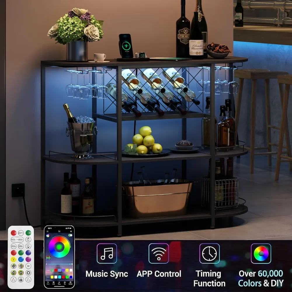 Wine Cabinet Coffee Table with Power Socket and LED Light, Three Tiers Coffee Bar Table Wine Rack Liqour Bar with Large Storage