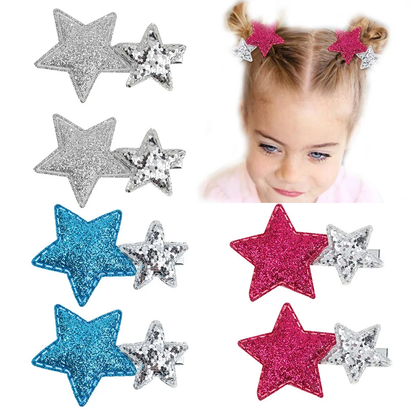 Oaoleer 2Pcs/lot Cute Silver Star Hair Clip For Kids Girls Pink Glitter Hair Pins Barrettes Child Headwear Hair Accessories Gift