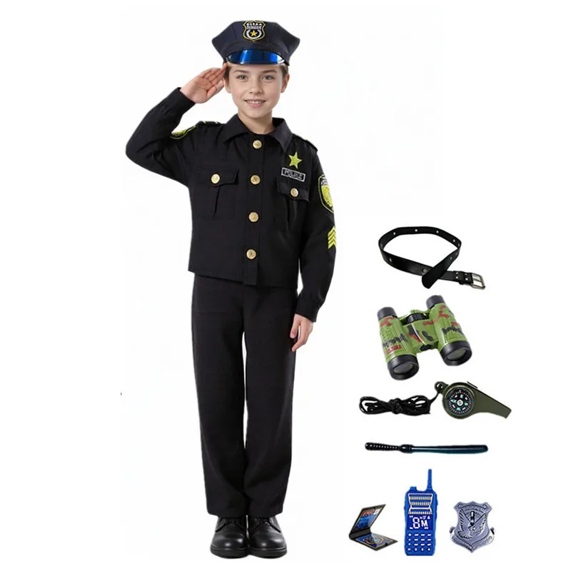 Deluxe Police Costume for Kids Embroidered Jacket and Walkie Talkie Set Halloween Party Dress-up with Telescope