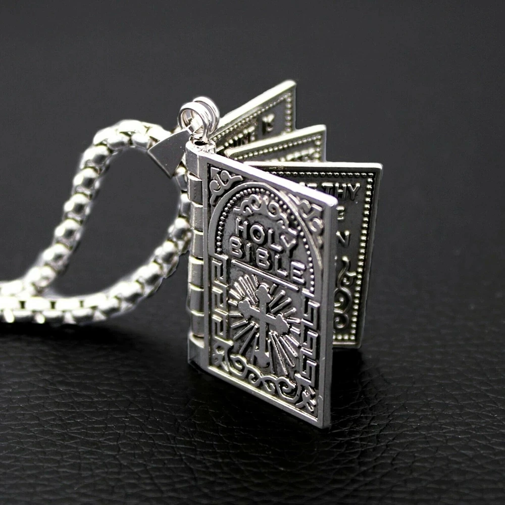 Classic Religion Necklace Openable Holy Bible Book Pendant Stainless