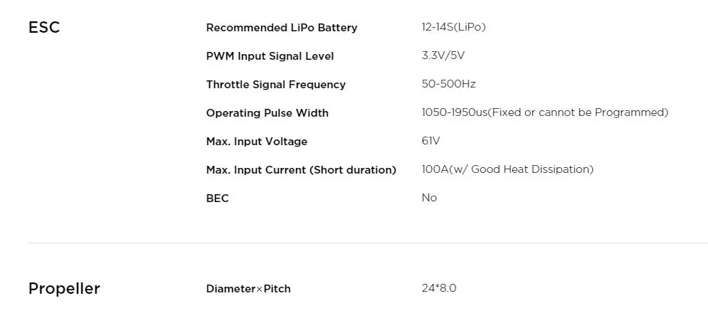 Hobbywing X6 Power System, ESC Recommended LiPo Battery 12-14S(LiPo) PWM In