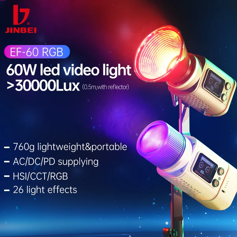 JINBEI EF60RGB COB 60W LED Video Light Portable Handheld Mobile