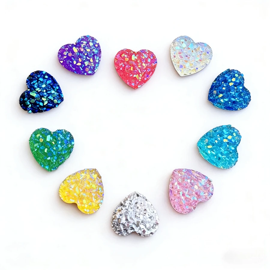 80PCS 12mm glitters AB 색상 미네랄 표면 심장 수지 라인 석 플랫 백 카보 숑 스톤 DIY 웨딩 장식 공예품