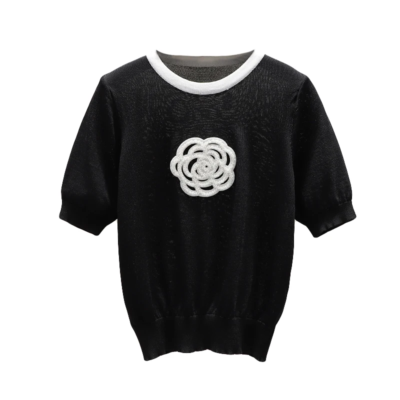 Women Plus Size Summer Vintage Camellia Floral Knitted French Elegant Chic Sweater Female Beautiful Tops Ladies Party Clothing