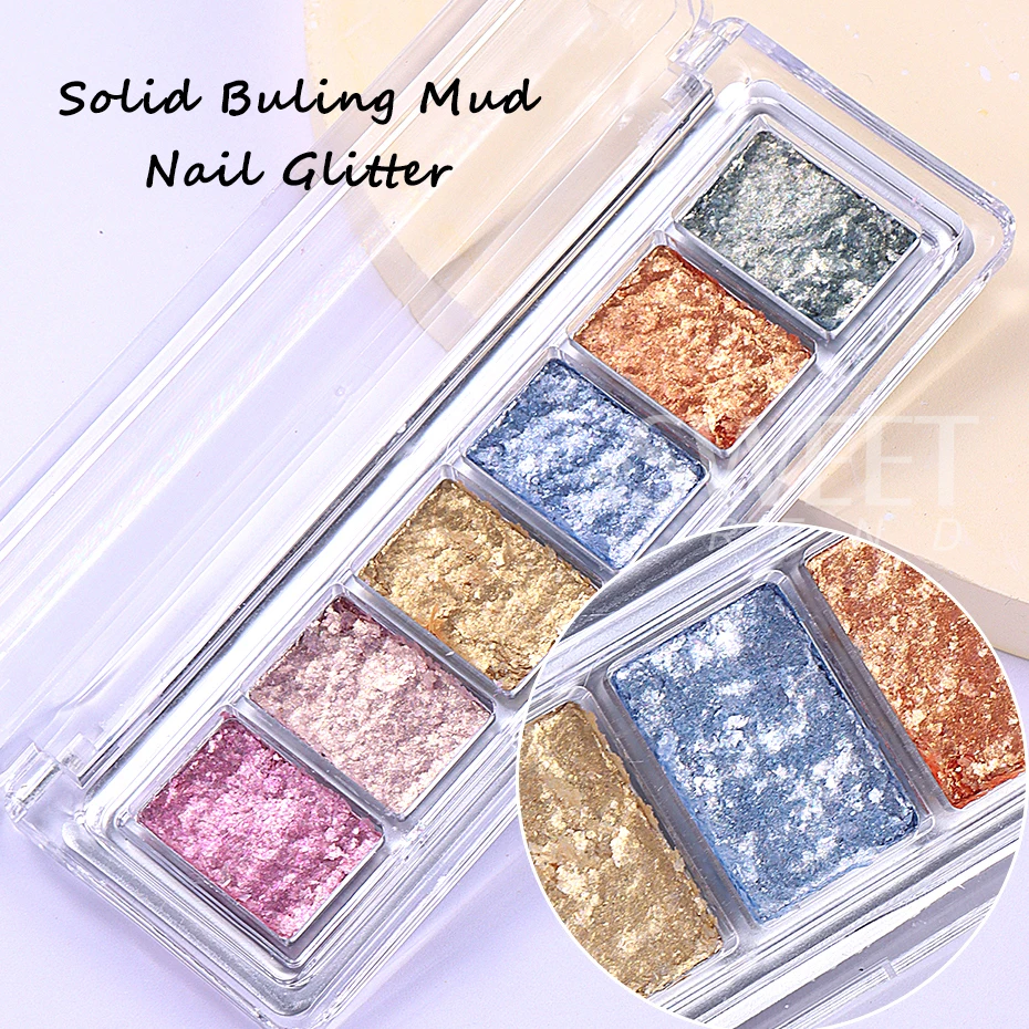 6 Colors Aurora Bright Bling Mud Nail Solid Pigment Iridescent Crystal Flake Shiny Soft Paste Fairy Chrome Polish Manicure Decor