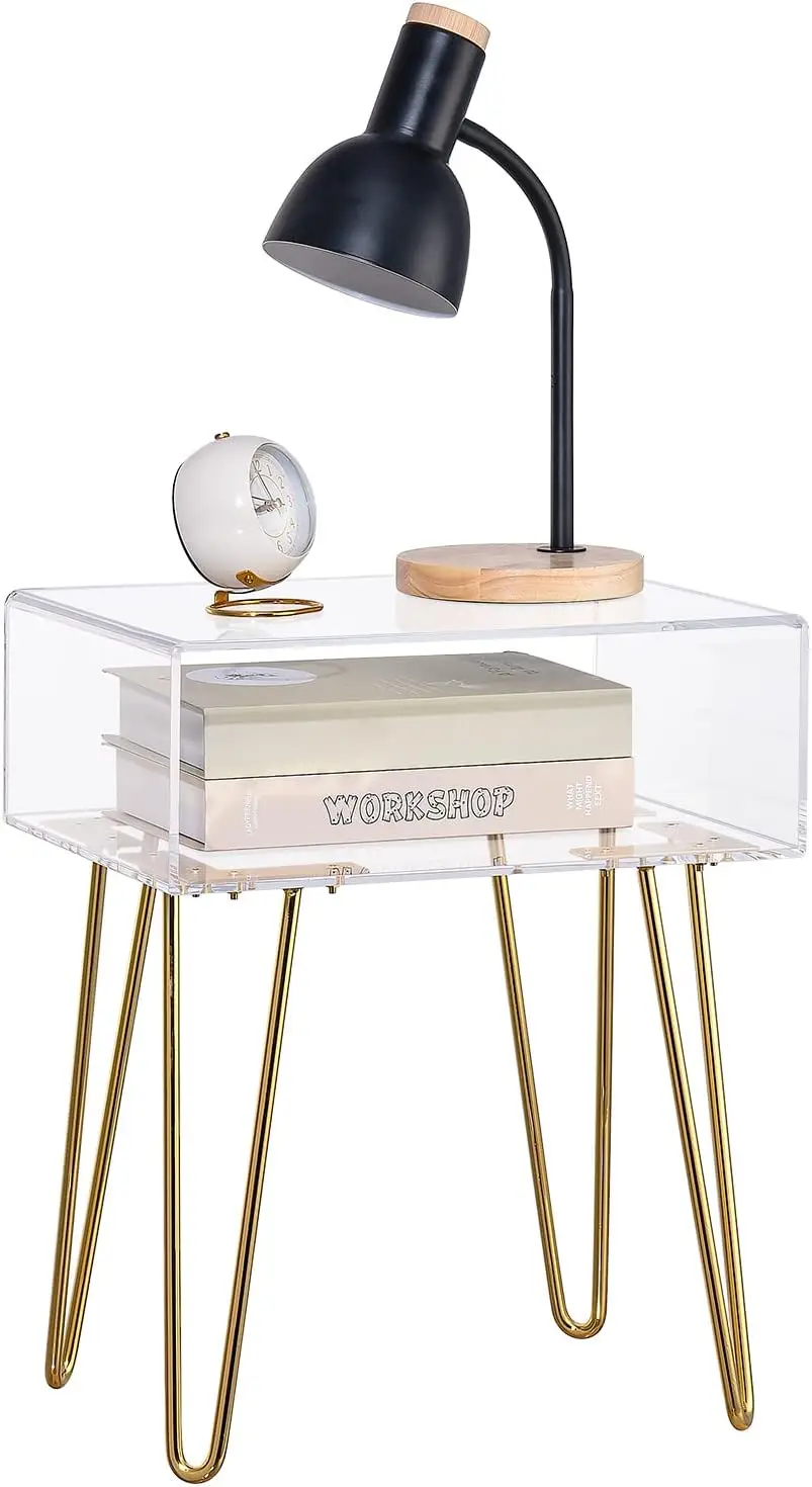 

Acrylic Nightstand with Metal Legs, 15.6'' L x 11.6'' W x 19.5'' H, Bedside Table for Small Spaces for B