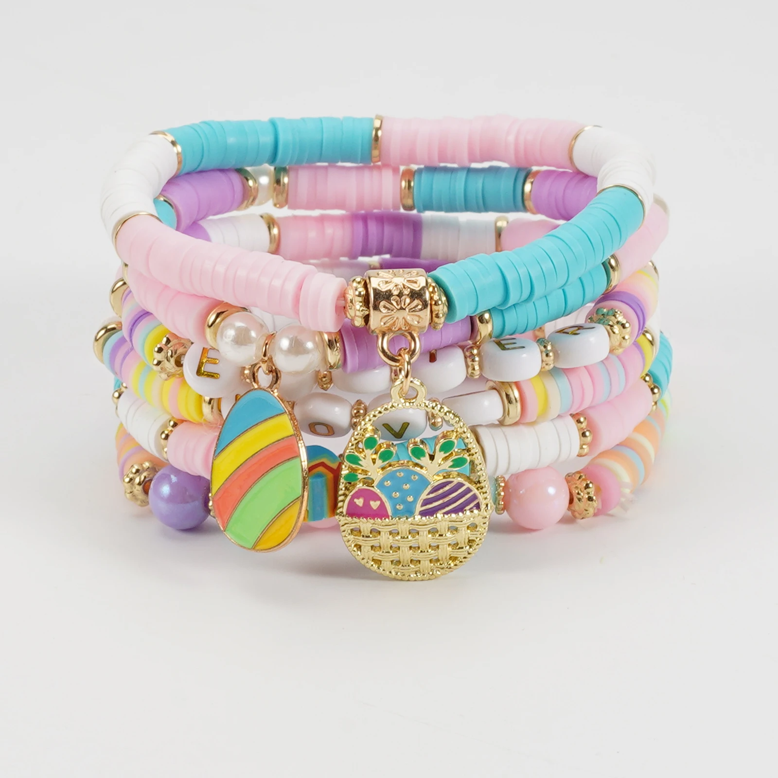 JEWEKY Easter Stackable Bracelets Set - 5 Pack Gold Beaded & Bunny Charm Stretch Bracelets For Women, Spring Festival Jewelry