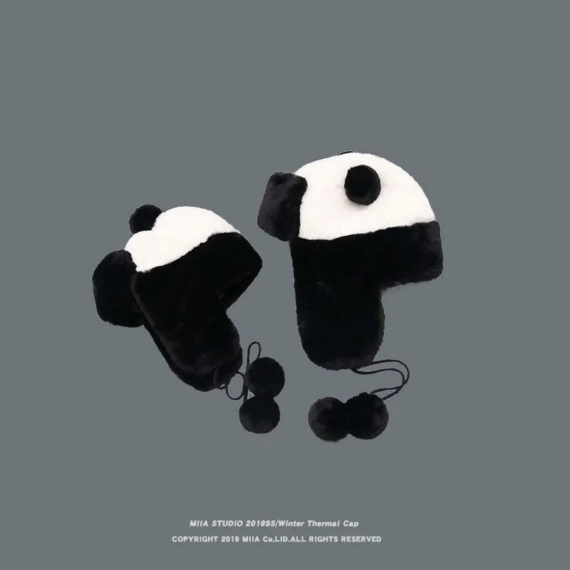 

New Autumn Girls Womans Man Plush Keep Warm Outdoor Ride Cold Proof Panda Appearance Solid Color Simplicity Decorate Bomber Hat