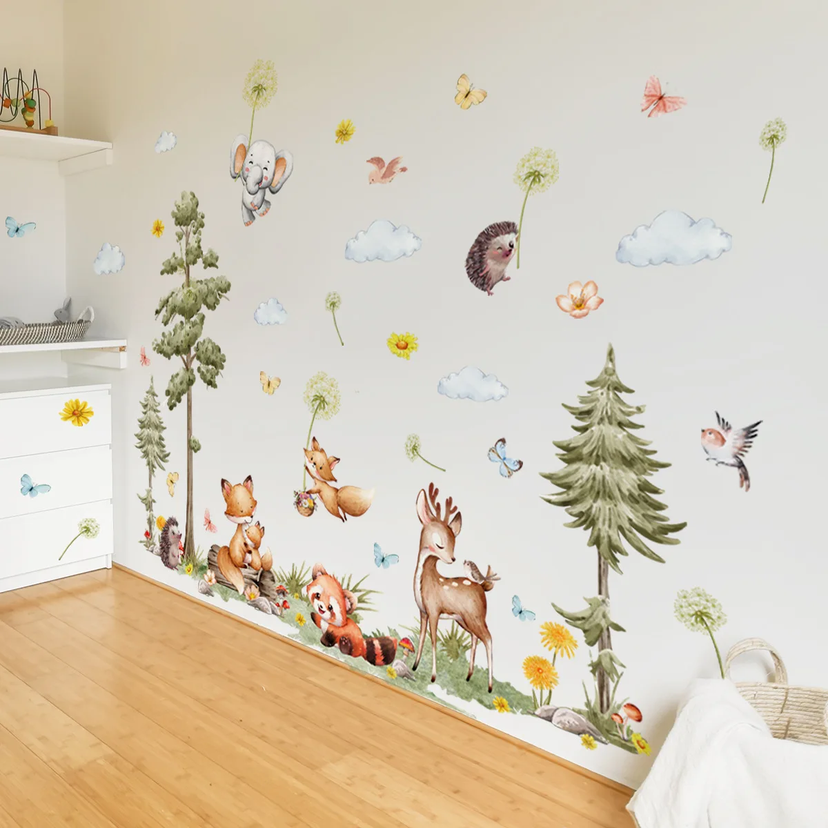 Cartoon Fox Hedgehog Pine Tree Wall Sticker Set Self-Adhesive PVC Decal for Kids' Room Nursery Background Wall