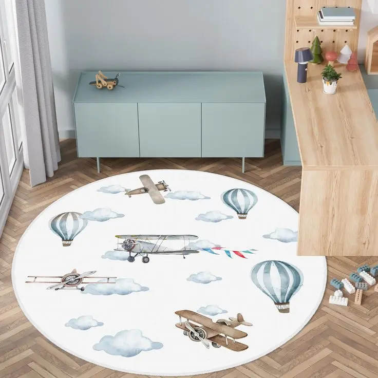 Tapis rond pour enfants avec carte de dessin animé, piste de route, ballon à Air chaud, avion, voiture, autres modèles, tapis antidérapant pour chambre d'enfants, décoration de la maison