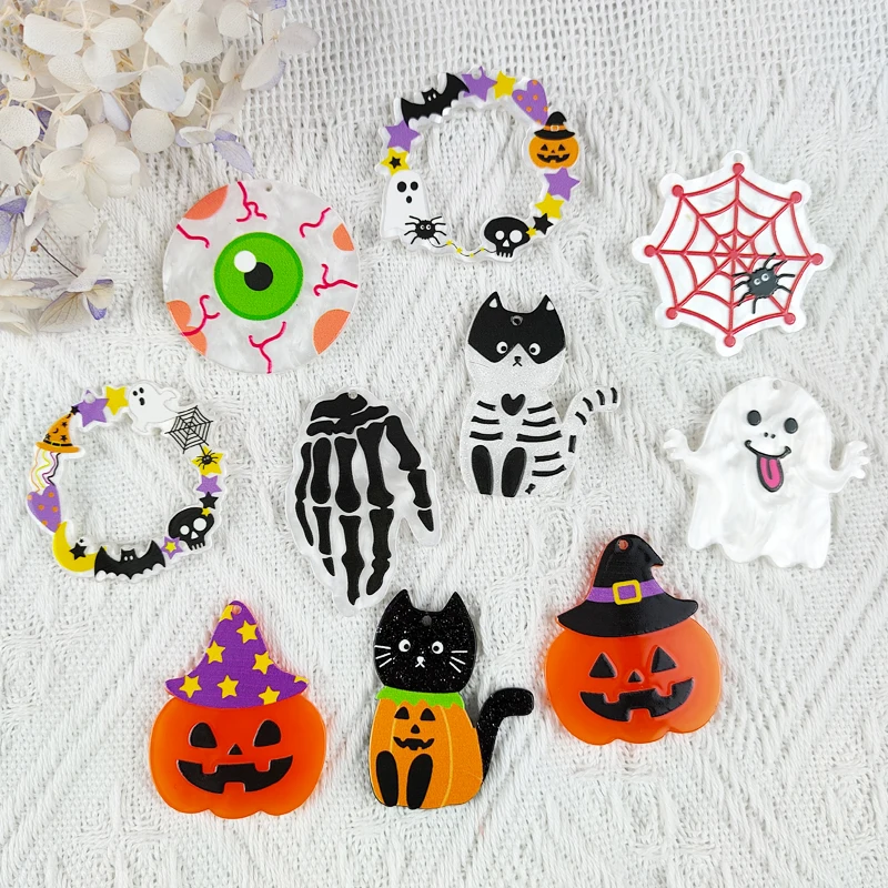 

MuhNa 10pcs Halloween Spider Web Black Cat Skull Hand Evil Eey Arcylic Charms for DIY Earring Bracelet Jewelry Making