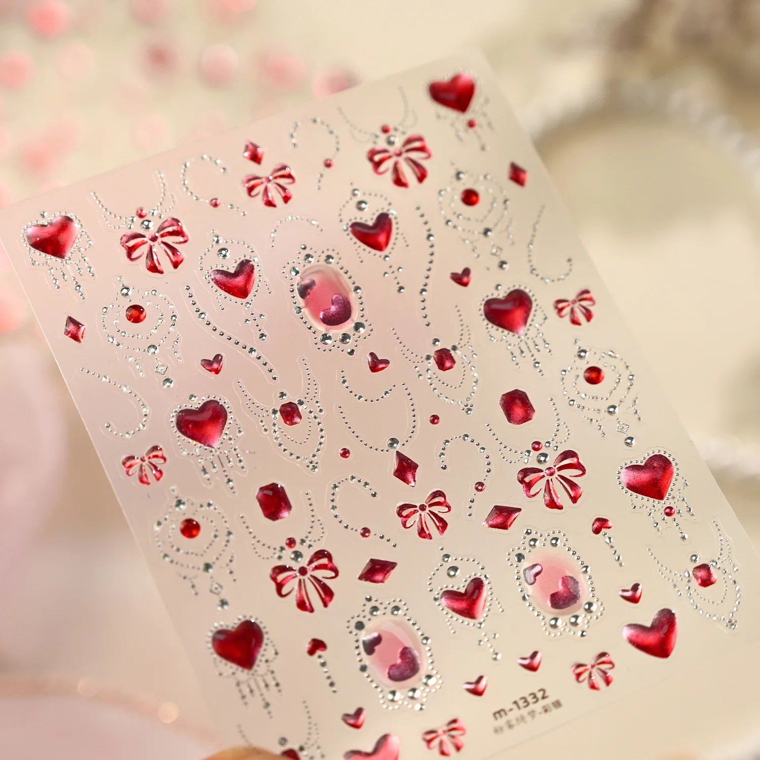 Lila Rosa Herz 5D Nagelkunst-Aufkleber Goldrand Kirschblüte Stern Achteckiger Stern Perle Schleife Edelstein Selbstklebende Nagelsticker DIY – Detail 17