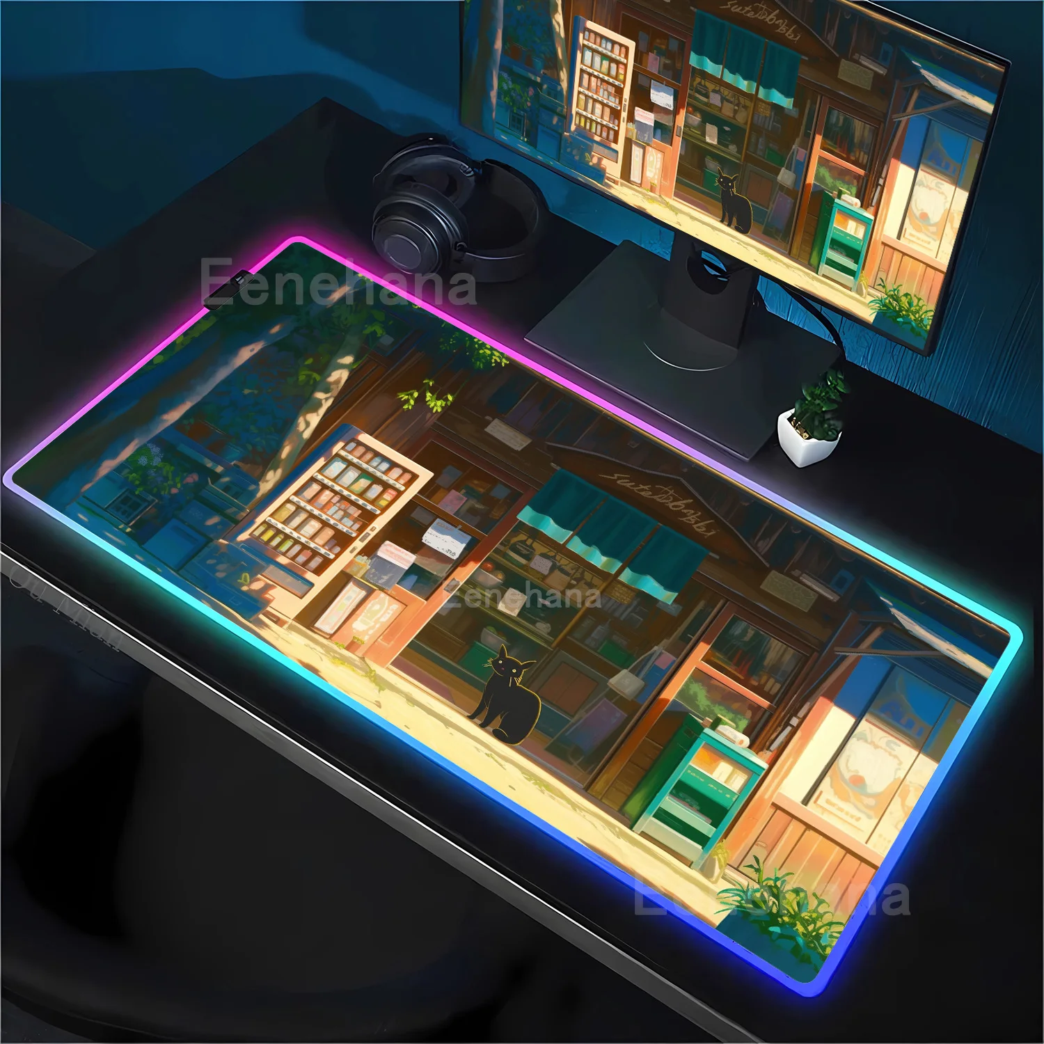 Kawaii RGB LED Backlit Cartoon Cat Gaming Mouse Pad - Anime Desk Mat for Office & Gaming Setup