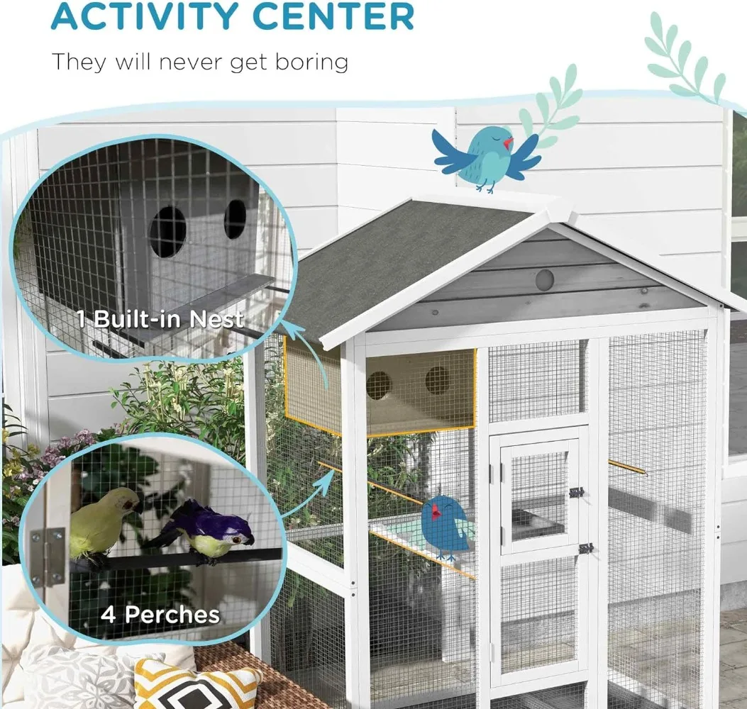 64.5" Wooden Bird Cage Aviary Flight Cage with 4 Perches Nest and Slide-Out Tray for Indoor/Outdoor Gray Bird