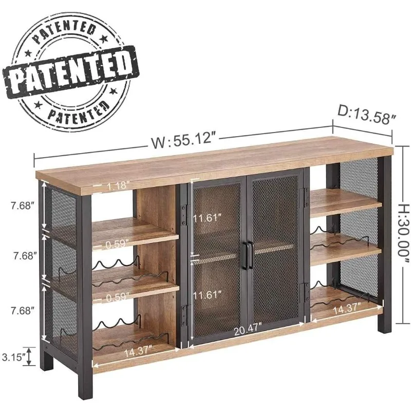 Industrial Wine Bar Cabinet for Liquor and Glasses, Farmhouse Wood Coffee Cabinet with Wine Rack, Metal Sideboard and Buffet