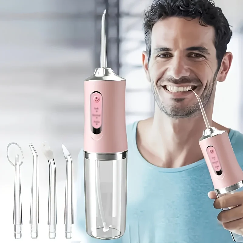Portable rechargeable oral irrigator, electric dental cleaner with 3 modes and 4 nozzles, waterproof irrigator