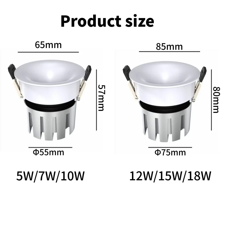 내장형 LED COB 눈부심 방지 곡선형 화이트 블랙 스팟 조명 5W 7W 10W 다운라이트 12W 15W 18W CRI92 (객실, 호텔, 매장, 사무실용)