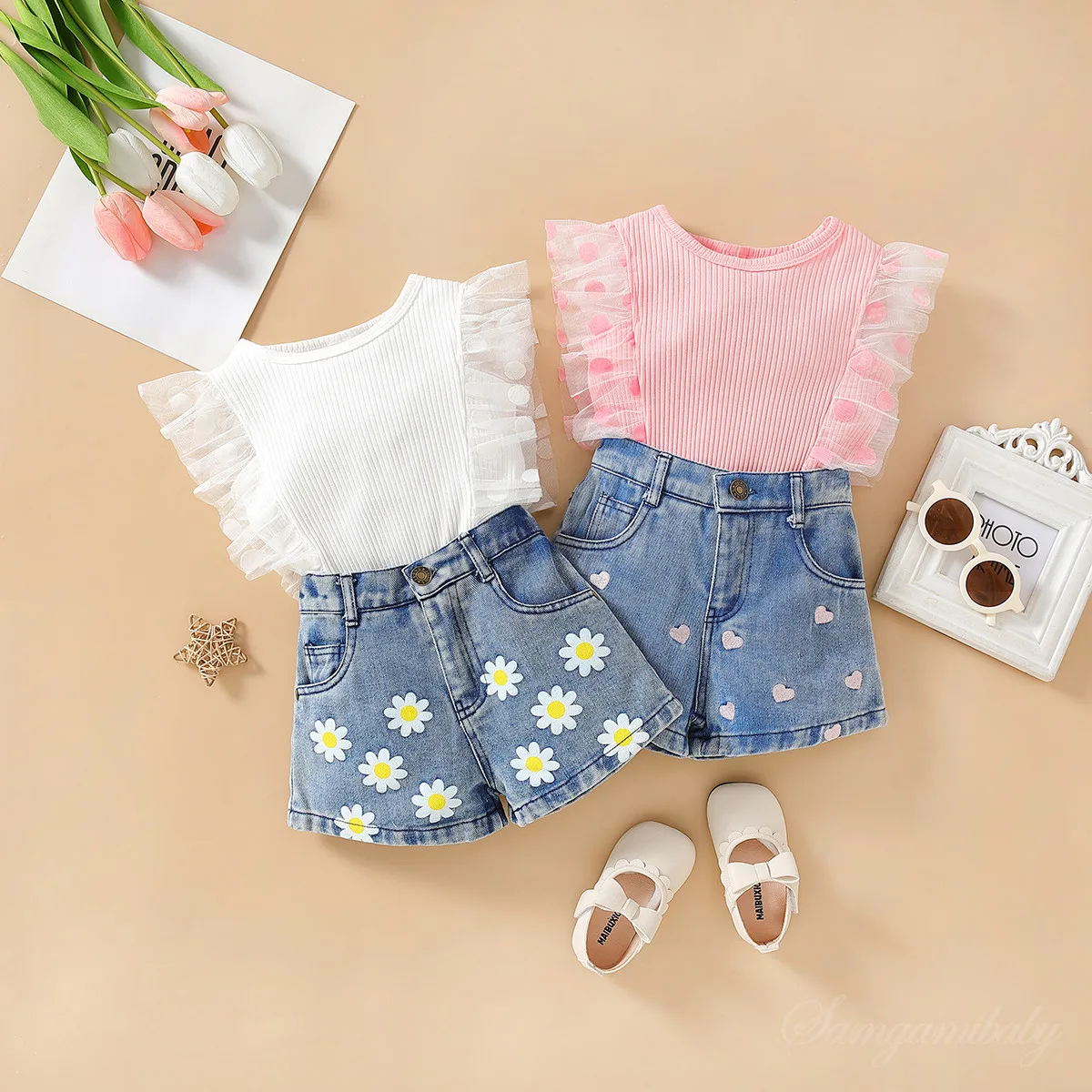 

2024 New 1-6 Years Little Girls Summer 2pcs Sweethear Flutter Sleeves Blouse+Short Turquoise Clothing Set
