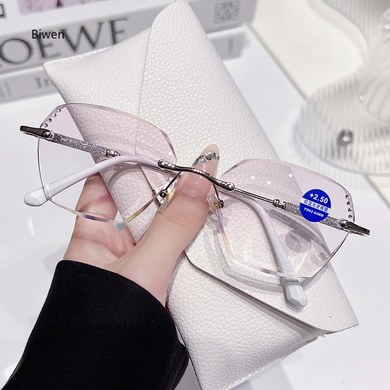 Women Trendy Reading Glasses with Diamond Unisex Blue Light Blocking Diopter Eyewear Luxury Fashion Rimless Far Sight Eyeglasses 2