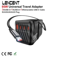 LENCENT 85W GaN Universal Travel Adapter with 1USB-A +3 Type C +1USB-C +1Retractable USB-CFast Charging Power Adapter for Travel